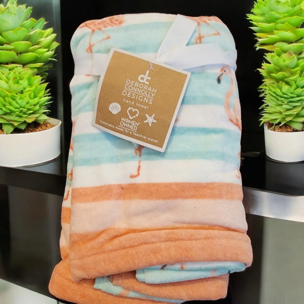 2pc Deborah Connolly Hand Towel Set 2 Coral Aqua Flamingo Hand Coastal